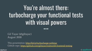 @giltayar
You’re almost there:
turbocharge your functional tests
with visual powers
Gil Tayar (@giltayar)
August 2018
This presentation: http://bit.ly/turbocharge-webinar
Github repo: https://github.com/giltayar/realworld-frontend-testing
 