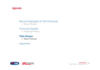 3Q’15 Results 21
FY 2014 Preliminary Results & 2015-2017 Plan Outline
Recent Highlights & 3Q’15 Results
 Marco Patuano
Financial Update
 Piergiorgio Peluso
Take-Aways
 Marco Patuano
Appendix
Marco Patuano - Piergiorgio Peluso
Agenda
 