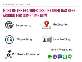 TECHNOLOGICAL INNOVATION
E-commerce Geolocation
Instant Messaging
User ProﬁlingDispatching
Network Connection
MOST OF THE FEATURES USED BY UBER HAS BEEN
AROUND FOR SOME TIME NOW.
 