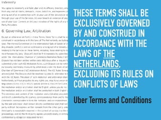 THESE TERMS SHALL BE
EXCLUSIVELY GOVERNED
BY AND CONSTRUED IN
ACCORDANCE WITH THE
LAWS OF THE
NETHERLANDS,
EXCLUDING ITS RULES ON
CONFLICTS OF LAWS
Uber Terms and Conditions
 