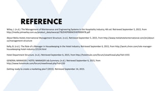 REFERENCE
Wiley, J. (n.d.). The Management of Maintenance and Engineering Systems in the Hospitality Industry, 4th ed. Retrieved September 5, 2015, from
http://media.johnwiley.com.au/product_data/excerpt/78/EHEP0004/EHEP000478.pdf
About Melia Hotels International Management Structure. (n.d.). Retrieved September 5, 2015, from http://www.meliahotelsinternational.com/en/about-
us/management-structure
Kelly, B. (n.d.). The Role of a Manager in Housekeeping In the Hotel Industry. Retrieved September 6, 2015, from http://work.chron.com/role-manager-
housekeeping-hotel-industry-22124.html
Hotel Department Structure. (n.d.). Retrieved September 6, 2015, from http://hotelmule.com/forum/viewthread.php?tid=1555
GENERAL MANAGER / HOTEL MANAGER Job Summary. (n.d.). Retrieved September 6, 2015, from
http://www.hotelmule.com/forum/viewthread.php?tid=220
Getting ready to create a marketing plan? (2015). Retrieved September 14, 2015.
 