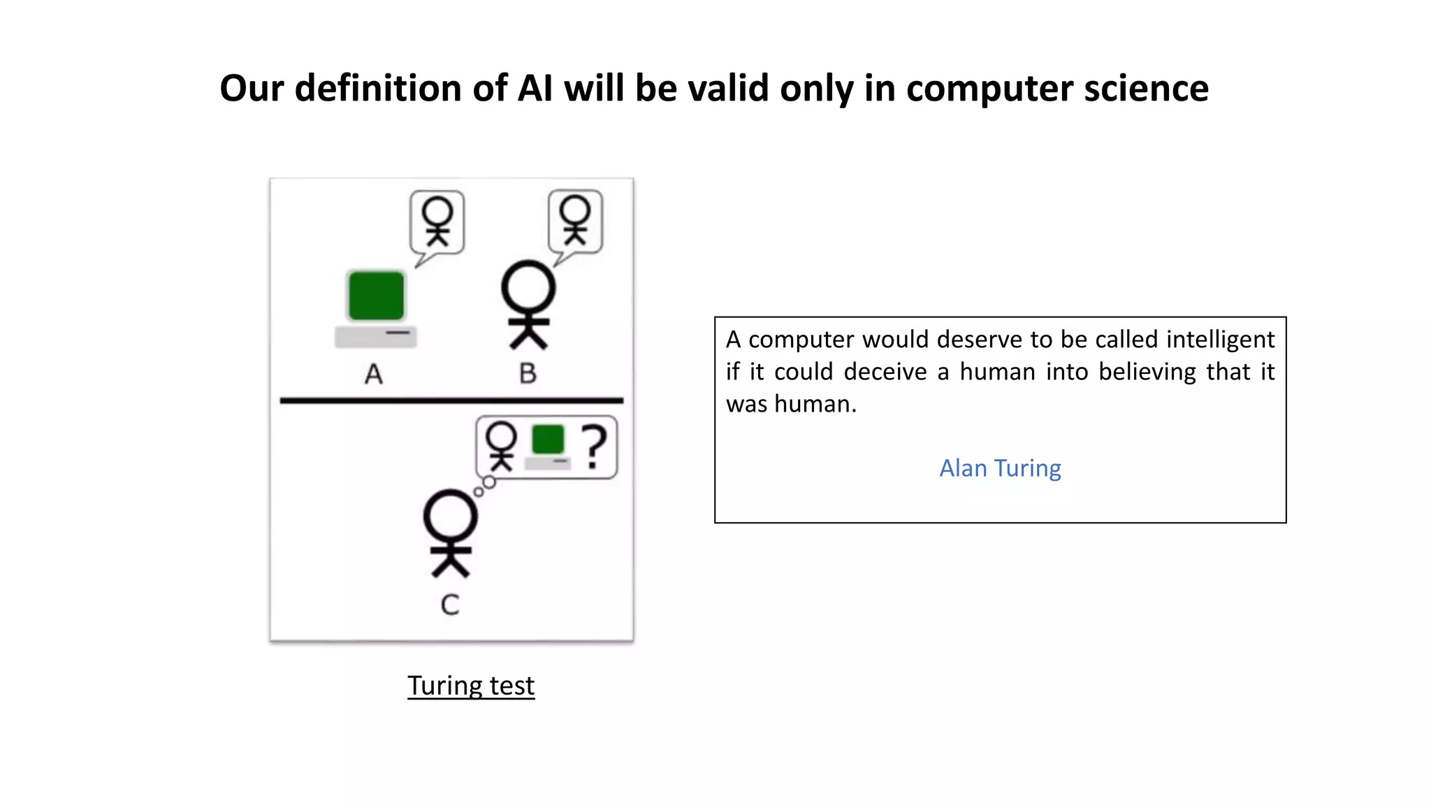 Our definition of AI will be valid only in computer science
A computer would deserve to be called intelligent
if it could deceive a human into believing that it
was human.
Alan Turing
Turing test
 