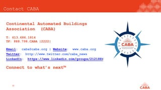 Contact CABA
Continental Automated Buildings
Association (CABA)
T: 613.686.1814
TF: 888.798.CABA |2222|
Email: caba@caba.org | Website: www.caba.org
Twitter: http://www.twitter.com/caba_news
LinkedIn: https://www.linkedin.com/groups/2121884/
Connect to what’s next™
26
 