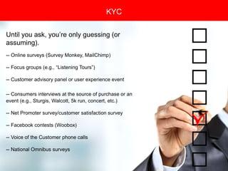 Copyright 2008 Pocket Hercules
KYC
Until you ask, you’re only guessing (or
assuming).
-- Online surveys (Survey Monkey, MailChimp)
-- Focus groups (e.g., “Listening Tours”)
-- Customer advisory panel or user experience event
-- Consumers interviews at the source of purchase or an
event (e.g., Sturgis, Walcott, 5k run, concert, etc.)
-- Net Promoter survey/customer satisfaction survey
-- Facebook contests (Woobox)
-- Voice of the Customer phone calls
-- National Omnibus surveys
 