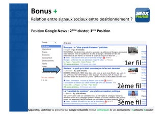 Bonus	
  +	
  
   RelaBon	
  entre	
  signaux	
  sociaux	
  entre	
  posiBonnement	
  ?	
  

    PosiBon	
  Google	
  News...