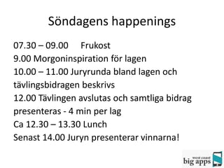 Söndagens happenings
07.30 – 09.00 Frukost
9.00 Morgoninspiration för lagen
10.00 – 11.00 Juryrunda bland lagen och
tävlingsbidragen beskrivs
12.00 Tävlingen avslutas och samtliga bidrag
presenteras - 4 min per lag
Ca 12.30 – 13.30 Lunch
Senast 14.00 Juryn presenterar vinnarna!
 