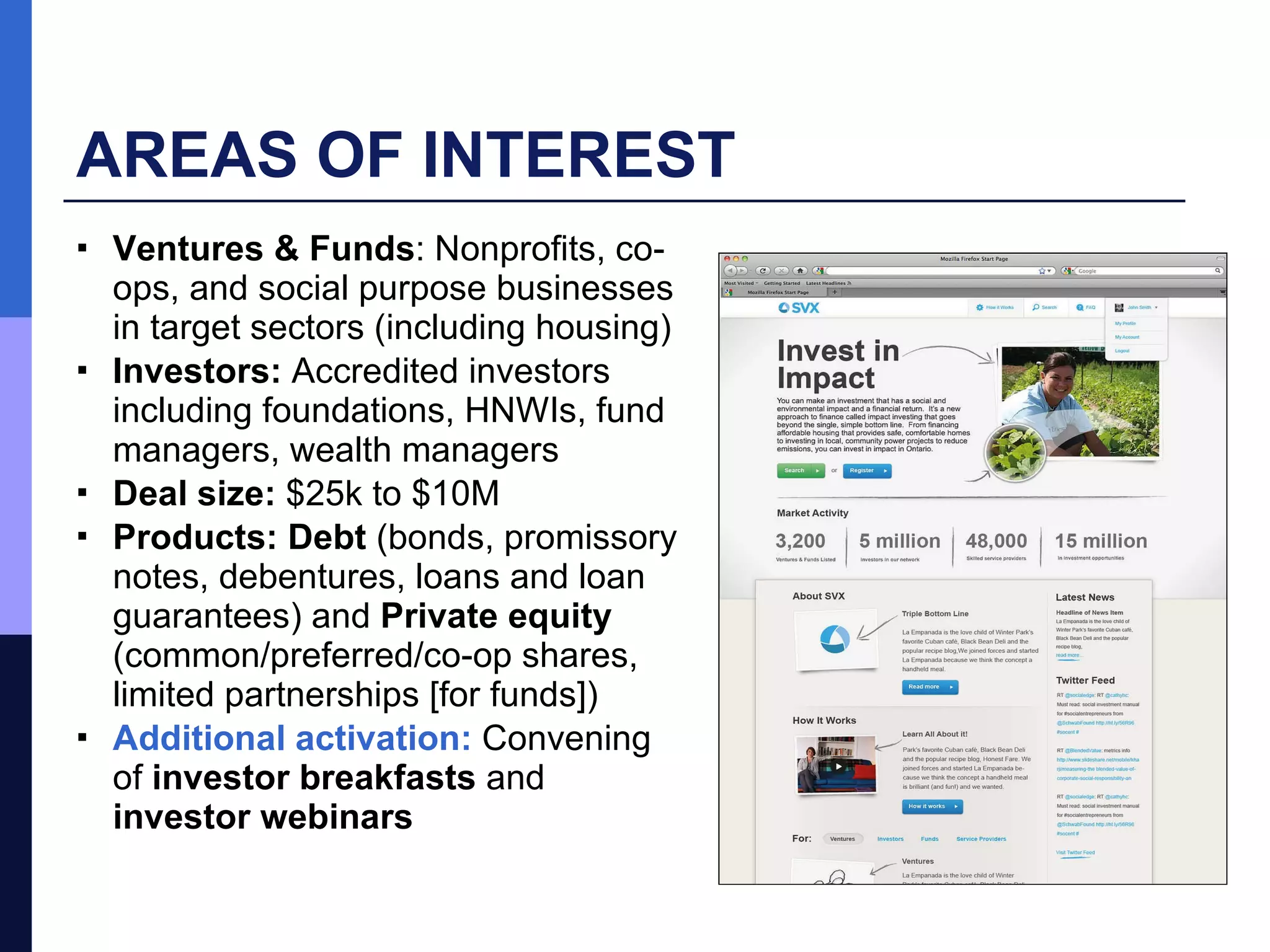 AREAS OF INTEREST Ventures & Funds :  Nonprofits, co-ops, and social purpose businesses in target sectors (including housing) Investors:  Accredited investors including foundations, HNWIs, fund managers, wealth managers Deal size:  $25k to $10M Products:  Debt  (bonds, promissory notes, debentures, loans and loan guarantees) and  Private equity  (common/preferred/co-op shares, limited partnerships [for funds]) Additional activation:  Convening of  investor breakfasts  and  investor webinars 
