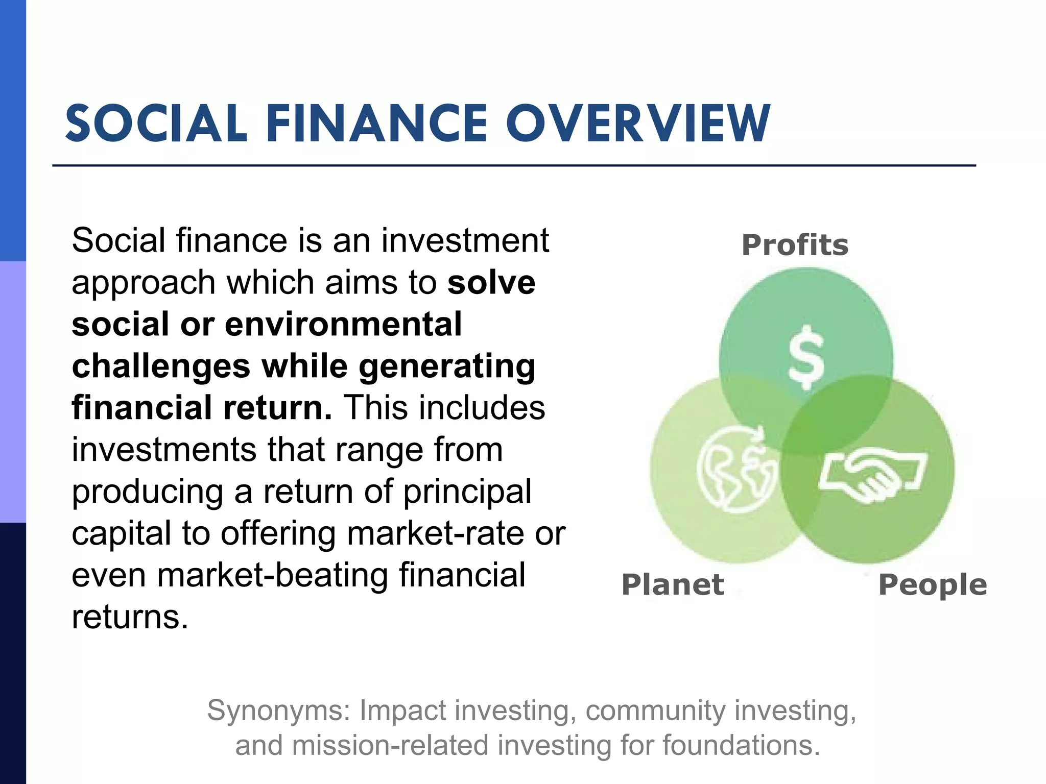SOCIAL FINANCE OVERVIEW Social finance is an investment approach which aims to  solve social or environmental challenges while generating financial return.  This includes investments that range from producing a return of principal capital to offering market-rate or even market-beating financial returns. Profits Planet People Synonyms: Impact investing, community investing,  and mission-related investing for foundations.  