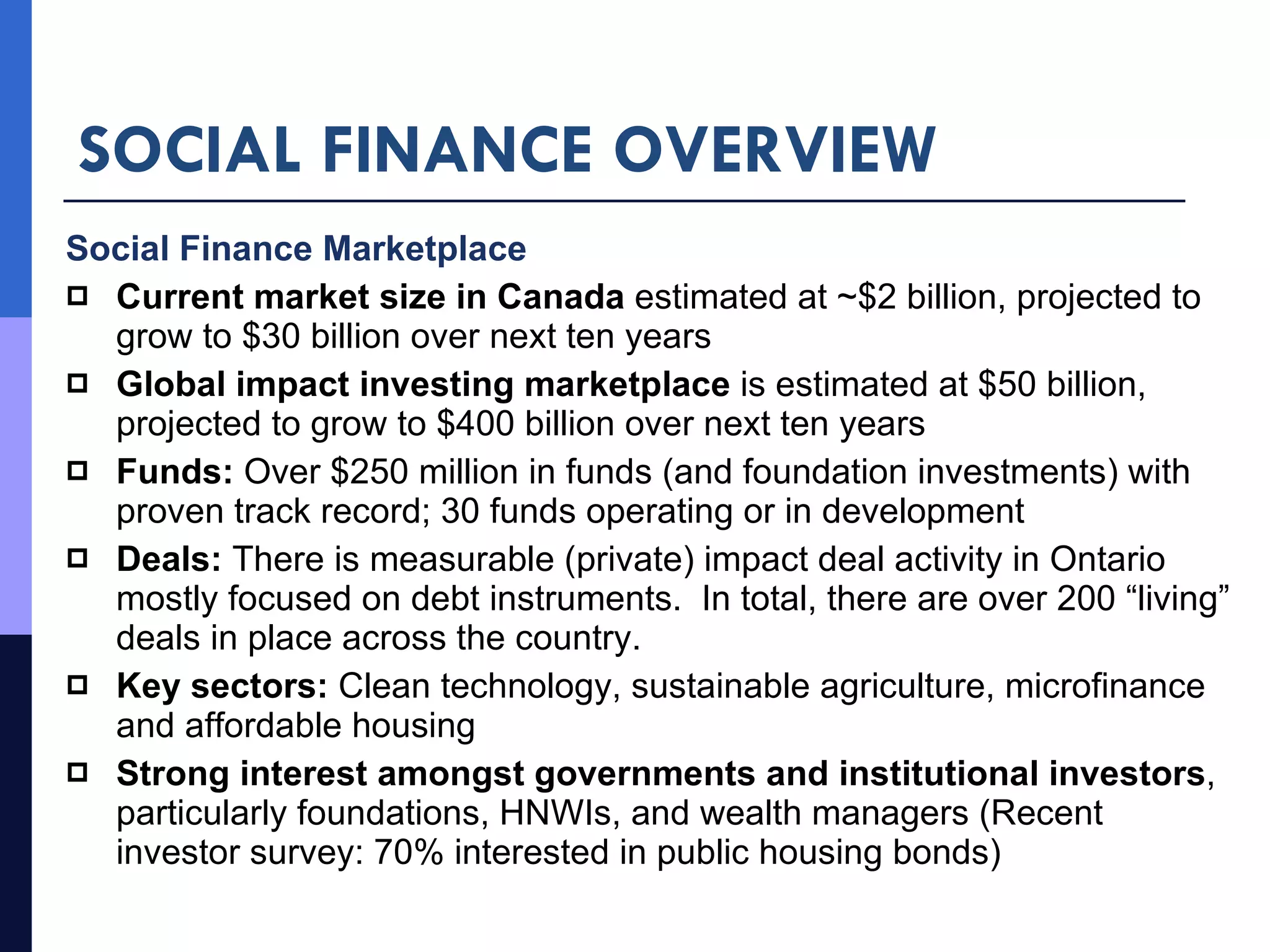 SOCIAL FINANCE OVERVIEW Social Finance Marketplace Current market size in Canada  estimated at ~$2 billion, projected to grow to $30 billion over next ten years Global impact investing marketplace  is estimated at $50 billion, projected to grow to $400 billion over next ten years Funds:  Over $250 million in funds (and foundation investments) with proven track record; 30 funds operating or in development Deals:  There is measurable (private) impact deal activity in Ontario mostly focused on debt instruments.  In total, there are over 200 “living” deals in place across the country. Key sectors:  Clean technology, sustainable agriculture, microfinance and affordable housing Strong interest amongst governments and institutional investors , particularly foundations, HNWIs, and wealth managers (Recent investor survey: 70% interested in public housing bonds) 