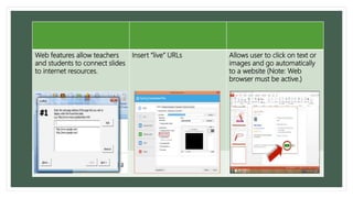 Web features allow teachers
and students to connect slides
to internet resources.
Insert “live” URLs Allows user to click on text or
images and go automatically
to a website (Note: Web
browser must be active.)
 
