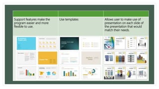 Support features make the
program easier and more
flexible to use.
Use templates Allows user to make use of
presentation on each slide of
the presentation that would
match their needs.
 