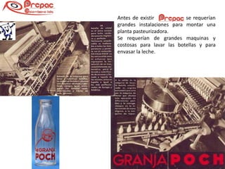 Antes de existir           se requerían
grandes instalaciones para montar una
planta pasteurizadora.
Se requerían de grandes maquinas y
costosas para lavar las botellas y para
envasar la leche.
 
