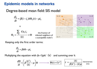 Degree-based mean ﬁeld: SIS model
v
Keeping only the ﬁrst order terms:
Multiplying the equation with (k–1)pk/〈k〉 and summing over k
characteristic
time
the fraction of
infected neighbors of
a susceptible node k
Epidemic models in networks
 