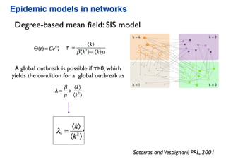 Degree-based mean ﬁeld: SIS model
A global outbreak is possible if τ>0, which
yields the condition for a global outbreak as
Satorras andVespignani, PRL, 2001
Epidemic models in networks
 