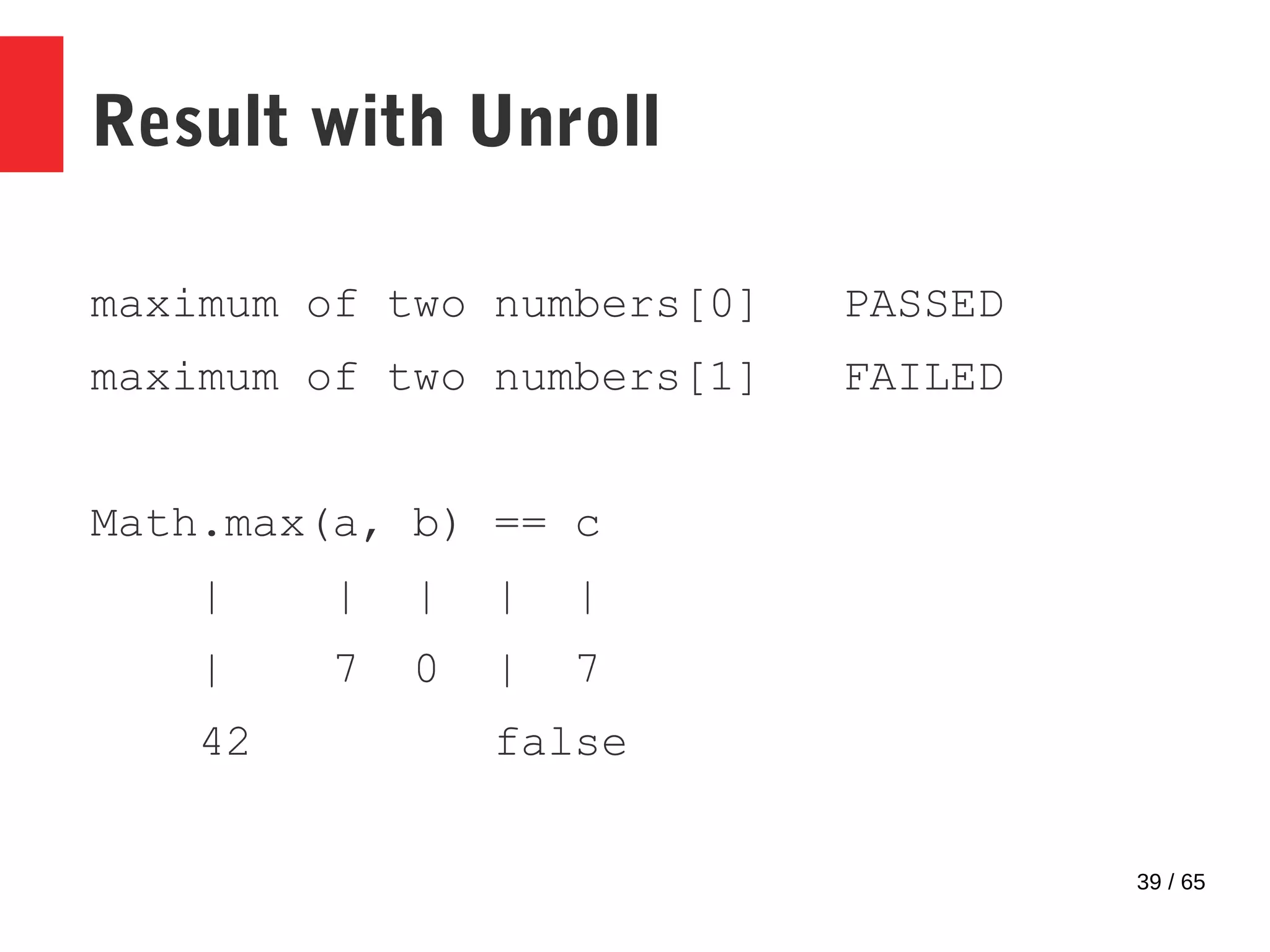 39 / 65
Result with Unroll
maximum of two numbers[0] PASSED
maximum of two numbers[1] FAILED
Math.max(a, b) == c
| | | | |
| 7 0 | 7
42 false
 