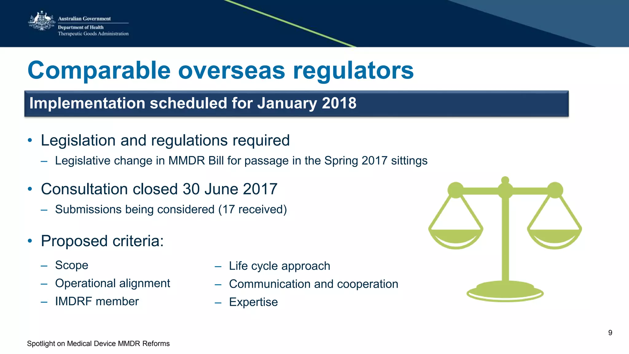 Comparable overseas regulators
Implementation scheduled for January 2018
• Legislation and regulations required
– Legislative change in MMDR Bill for passage in the Spring 2017 sittings
• Consultation closed 30 June 2017
– Submissions being considered (17 received)
• Proposed criteria:
– Scope
– Operational alignment
– IMDRF member
– Life cycle approach
– Communication and cooperation
– Expertise
Spotlight on Medical Device MMDR Reforms
9
 