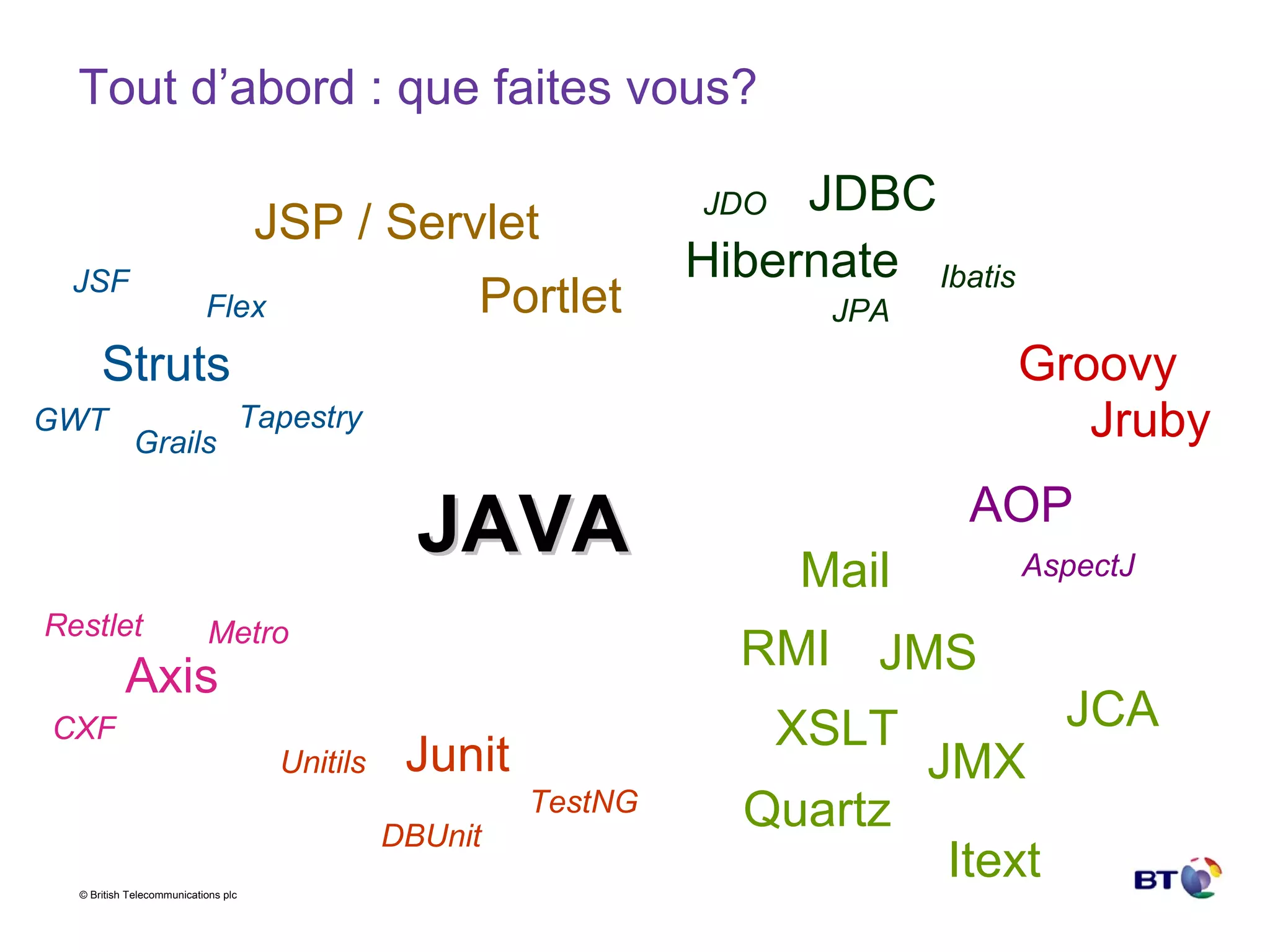 Tout d’abord : que faites vous? JAVA Hibernate Struts JDBC JPA JSF Tapestry GWT Flex JMS Axis CXF Metro Junit JMX AOP AspectJ TestNG Unitils DBUnit JDO JSP / Servlet XSLT Portlet RMI Mail Quartz Ibatis JCA Itext Restlet Groovy Jruby Grails 