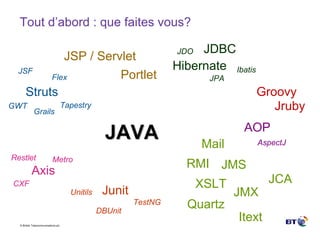 Tout d’abord : que faites vous? JAVA Hibernate Struts JDBC JPA JSF Tapestry GWT Flex JMS Axis CXF Metro Junit JMX AOP AspectJ TestNG Unitils DBUnit JDO JSP / Servlet XSLT Portlet RMI Mail Quartz Ibatis JCA Itext Restlet Groovy Jruby Grails 