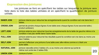Expression des jointures
Les jointures se font en spécifiant les tables sur lesquelles la jointure sera
faite dans la liste des tables utilisées et en spécifiant la qualification de jointure
utilisée.
INNER JOIN jointure interne pour retourner les enregistrements quand la condition est vrai dans les 2
tables.
CROSS JOIN permet de joindre chaque lignes d’une table avec chaque lignes d’une seconde table.(
produit cartésien)
LEFT JOIN jointure externe pour retourner tous les enregistrements de la table de gauche même si la
condition n’est pas vérifié dans l’autre table.
FULL JOIN jointure externe pour retourner les résultats quand la condition est vrai dans au moins une
des 2 tables.
SELF JOIN permet d’effectuer une jointure d’une table avec elle-même comme si c’était une
autre table.
NATURAL JOIN jointure naturelle entre 2 tables s’il y a au moins une colonne qui porte le
même nom entre les 2 tables SQL
UNION JOIN Jointure d’union
20
 