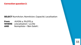 33
Correction question 2:
SELECT NumAvion, NomAvion, Capacité, Localisation
From AVION a, PILOTE p
WHERE a.localisation = p.ville
AND Nompilote = ‘Ben Saleh’;
 