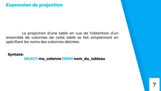 Expression de projection
La projection d’une table en vue de l’obtention d’un
ensemble de colonnes de cette table se fait simplement en
spécifiant les noms des colonnes désirées.
7
Syntaxe:
SELECT ma_colonne FROM nom_du_tableau
 