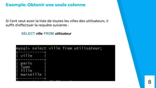 Si l’ont veut avoir la liste de toutes les villes des utilisateurs, il
suffit d’effectuer la requête suivante :
SELECT ville FROM utilisateur
Exemple: Obtenir une seule colonne
8
 