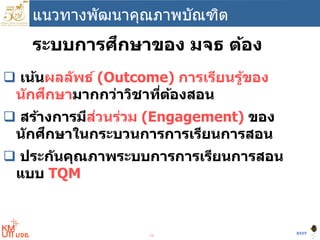 10
BYST
แนวทางพัฒนาคุณภาพบัณฑิต
 เน้นผลลัพธ์ (Outcome) การเรียนรู้ของ
นักศึกษามากกว่าวิชาที่ต้องสอน
 สร้างการมีส่วนร่วม (Engagement) ของ
นักศึกษาในกระบวนการการเรียนการสอน
 ประกันคุณภาพระบบการการเรียนการสอน
แบบ TQM
ระบบการศึกษาของ มจธ ต้อง
 