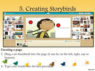 5. Creating Storybirds Creating a page Drag a art thumbnail into the page (it can be on the left, right, top or bottom). Type your words into the box provided. 1 2 