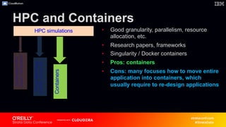 HPC and Containers
Containers
• Good granularity, parallelism, resource
allocation, etc.
• Research papers, frameworks
• S...
