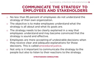 SUCCESSFUL STRATEGY IMPLEMENTATION | STRATAEGOS CONSULTING 13
COMMUNICATE THE STRATEGY
A STRATEGY CANNOT BE EXECUTED IF EMPLOYEES DO NOT UNDERSTAND IT
o No less than 95 percent of employees do not understand the
strategy of their own organization.
o The objective is to make employees understand what the
strategy is all about and what its goals are.
o The strategy needs to be clearly explained in a way that
employees understand and may become convinced that the
strategy is sound and effective.
o Employees are more accepting of undesirable decisions when
they receive clear and adequate explanations for those
decisions. This is called procedural justice.
o Not only is it important to communicate the strategy to the
people but also to listen to their reactions to the strategy.
STRATEGY
EXECUTION
PROCESS
2
 
