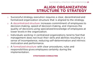SUCCESSFUL STRATEGY IMPLEMENTATION | STRATAEGOS CONSULTING 21
APPOINT COMPETENT MANAGEMENT
COMPETENT MANAGEMENT IS THE MOST IMPORTANT FACTOR FOR STRATEGY EXECUTION
o Competent management is the most important success factor for
strategy execution.
o Inadequate capabilities of managers are a common cause of
strategy implementation failure.
o When employees have little confidence in the ability of
management to execute the strategy then their commitment to
the strategy will be low.
o Incompetent colleagues and especially managers have a very
negative influence mistakes the performance of team members.
o Competent employees tend to leave an organization when they
have to work for incompetent managers and feel that their
performance is not appreciated or even worked against.
STRATEGY
EXECUTION
CONTEXT
1
 