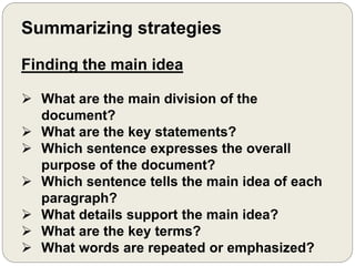 Summarizing strategies
Finding the main idea
 What are the main division of the
document?
 What are the key statements?
 Which sentence expresses the overall
purpose of the document?
 Which sentence tells the main idea of each
paragraph?
 What details support the main idea?
 What are the key terms?
 What words are repeated or emphasized?
 