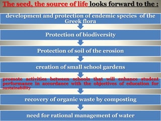 The seed, the source of life looks forward to the :
need for rational management of water
recovery of organic waste by composting
promote activities between schools that will enhance student
performance in accordance with the objectives of education for
sustainability
creation of small school gardens
Protection of soil of the erosion
Protection of biodiversity
development and protection of endemic species of the
Greek flora
 