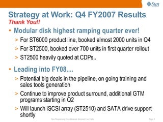 Strategy at Work: Q4 FY2007 Results
Thank You!!
• Modular disk highest ramping quarter ever!
  > For ST6000 product line, booked almost 2000 units in Q4
  > For ST2500, booked over 700 units in first quarter rollout
  > ST2500 heavily quoted at CDPs..

• Leading into FY08....
  > Potential big deals in the pipeline, on going training and
    sales tools generation
  > Continue to improve product surround, additional GTM
    programs starting in Q2
  > Will launch iSCSI array (ST2510) and SATA drive support
    shortly       Sun Proprietary/Confidential: Internal Use Only   Page 3
 