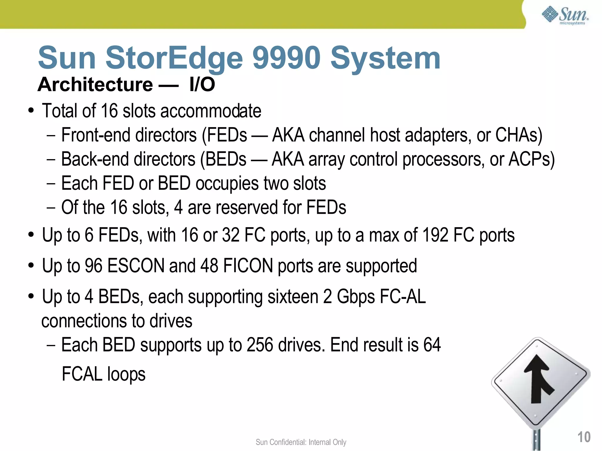 Sun StorEdge 9990 System
 Architecture — I/O
● Total of 16 slots accommodate

   – Front-end directors (FEDs — AKA channel host adapters, or CHAs)
   – Back-end directors (BEDs — AKA array control processors, or ACPs)
   – Each FED or BED occupies two slots
   – Of the 16 slots, 4 are reserved for FEDs
● Up to 6 FEDs, with 16 or 32 FC ports, up to a max of 192 FC ports


●   Up to 96 ESCON and 48 FICON ports are supported
●   Up to 4 BEDs, each supporting sixteen 2 Gbps FC-AL
    connections to drives
     – Each BED supports up to 256 drives. End result is 64

       FCAL loops


                                 Sun Confidential: Internal Only         10
 