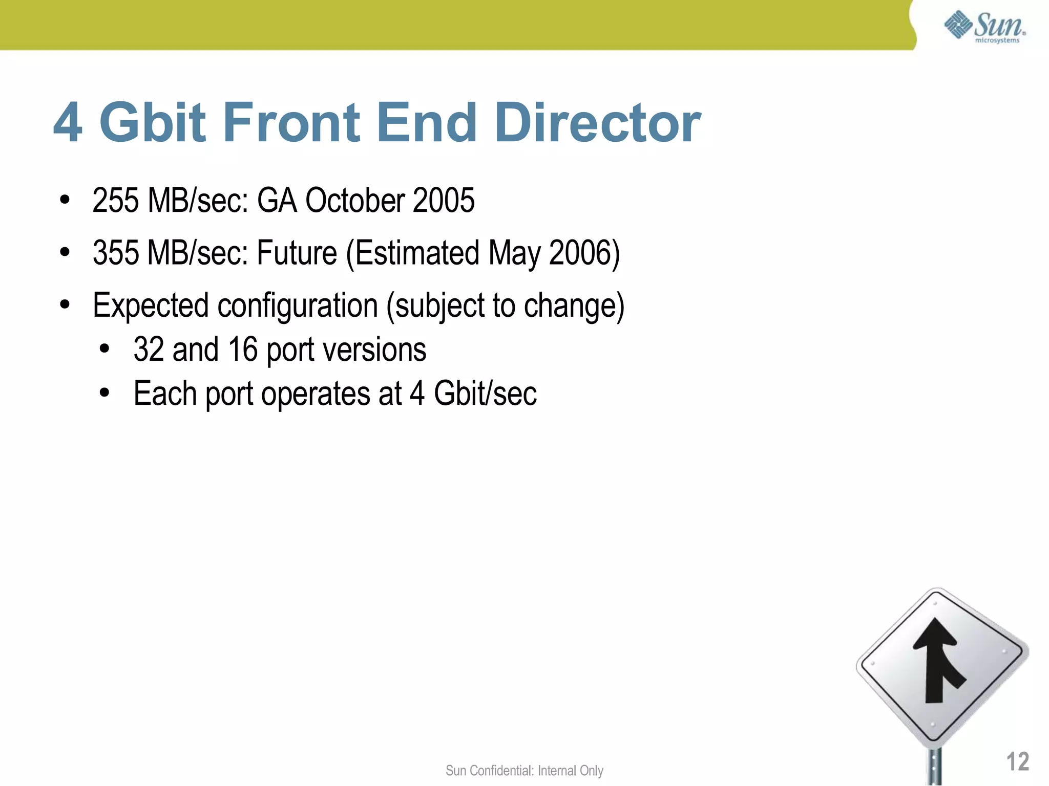 4 Gbit Front End Director
●   255 MB/sec: GA October 2005
●   355 MB/sec: Future (Estimated May 2006)
●   Expected configuration (subject to change)
    ● 32 and 16 port versions

    ● Each port operates at 4 Gbit/sec




                               Sun Confidential: Internal Only   12
 
