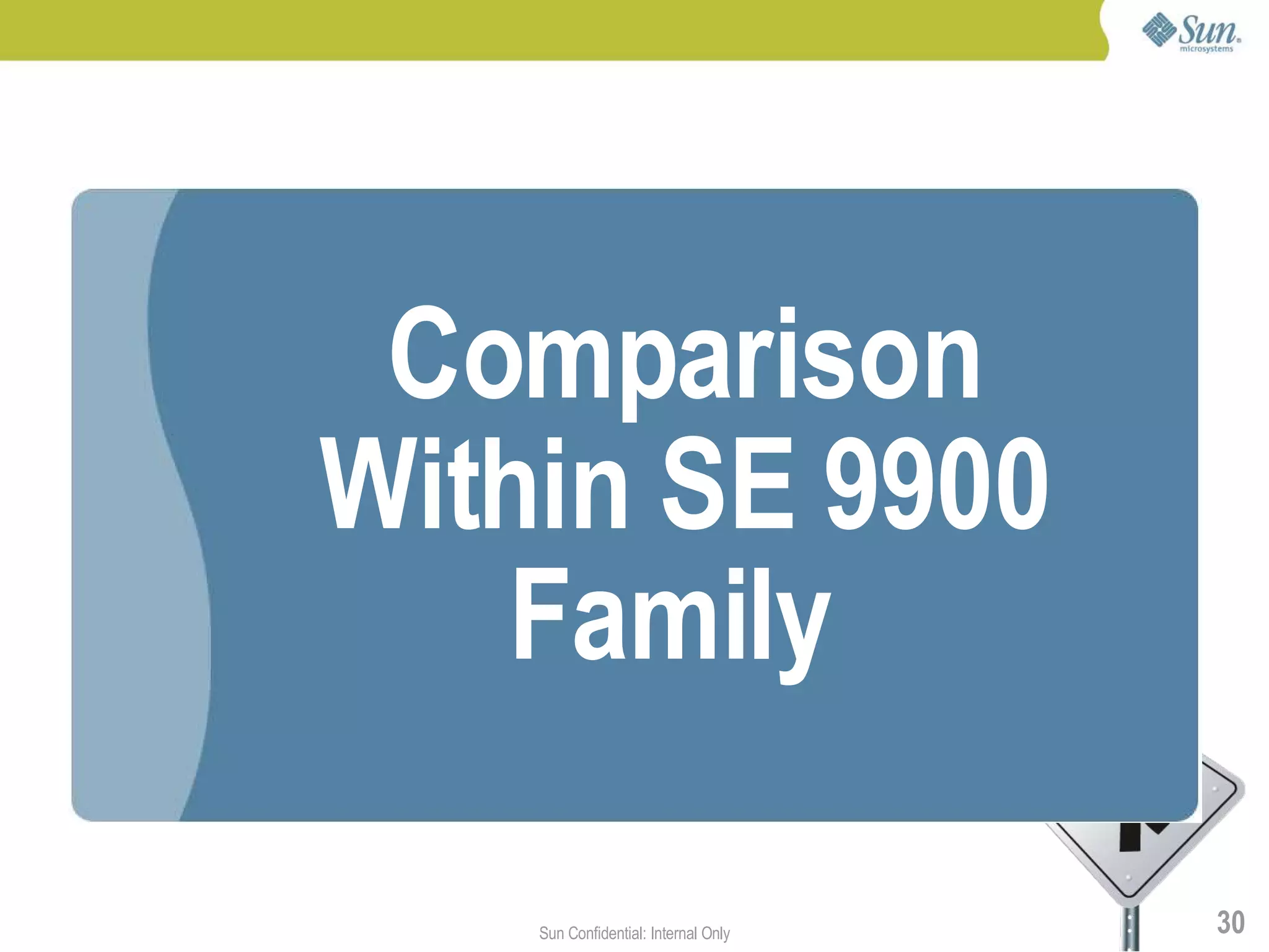 Comparison
Within SE 9900
   Family

    Sun Confidential: Internal Only   30
 