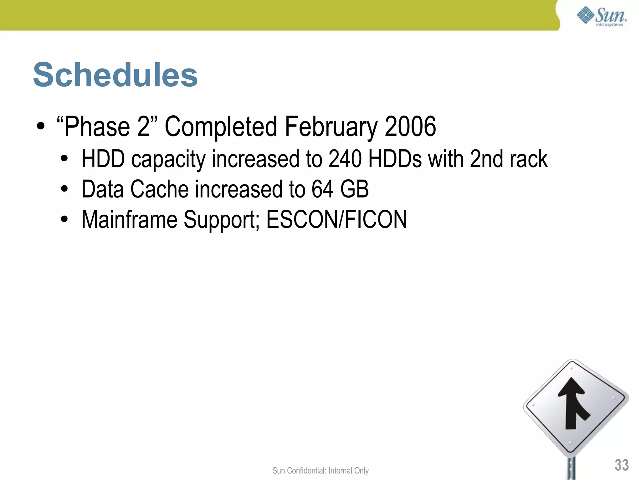 Schedules
●   “Phase 2” Completed February 2006
    ●   HDD capacity increased to 240 HDDs with 2nd rack
    ●   Data Cache increased to 64 GB
    ●   Mainframe Support; ESCON/FICON




                           Sun Confidential: Internal Only   33
 
