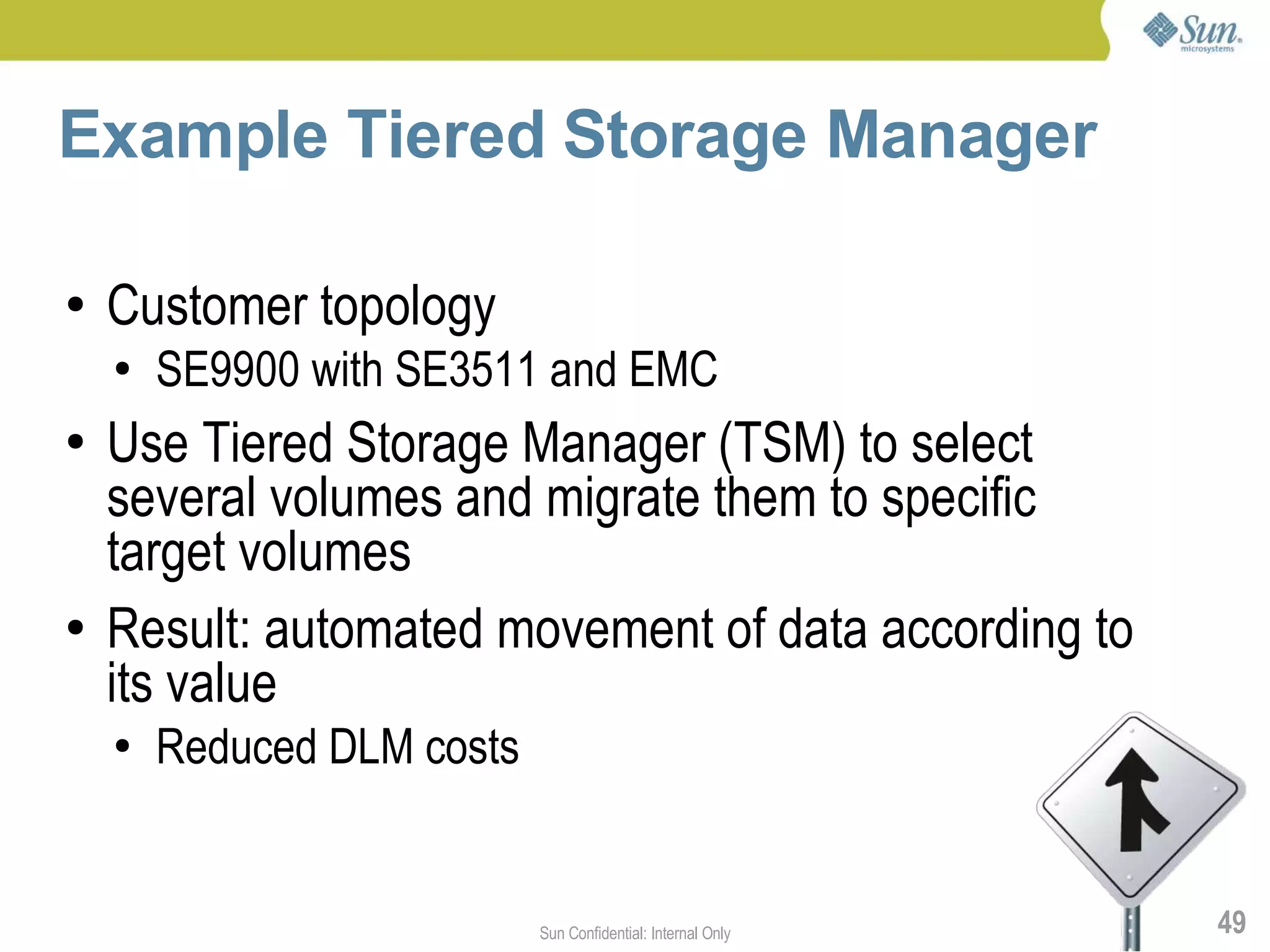 Example Tiered Storage Manager

●   Customer topology
    ●   SE9900 with SE3511 and EMC
●   Use Tiered Storage Manager (TSM) to select
    several volumes and migrate them to specific
    target volumes
●   Result: automated movement of data according to
    its value
    ●   Reduced DLM costs


                            Sun Confidential: Internal Only   49
 