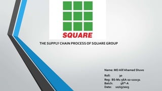 THE SUPPLY CHAIN PROCESS OF SQUARE GROUP
Name: MD Alif Ahamed Shuvo
Roll: 30
Reg: BS-M1-56A-22-122131
Batch: 56th-A
Date: 10/03/2023
 