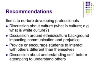 RecommendationsItems to nurture developing professionalsDiscussion about culture (what is culture; e.g. what is white culture?)Discussion around ethnic/culture background impacting communication and prejudiceProvide or encourage students to interact with others different than themselvesDiscussion about understanding self, before attempting to understand others