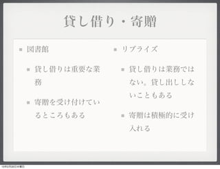 貸し借り・寄贈

              図書館          リブライズ

               貸し借りは重要な業    貸し借りは業務では
               務            ない。貸し出ししな
                            いこともある
               寄贈を受け付けてい
               るところもある      寄贈は積極的に受け
                            入れる




13年2月20日水曜日
 