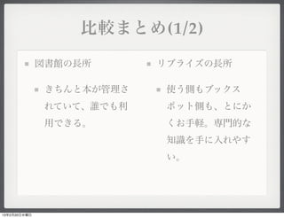 比較まとめ(1/2)

              図書館の長所       リブライズの長所

               きちんと本が管理さ    使う側もブックス
               れていて、誰でも利    ポット側も、とにか
               用できる。        くお手軽。専門的な
                            知識を手に入れやす
                            い。




13年2月20日水曜日
 