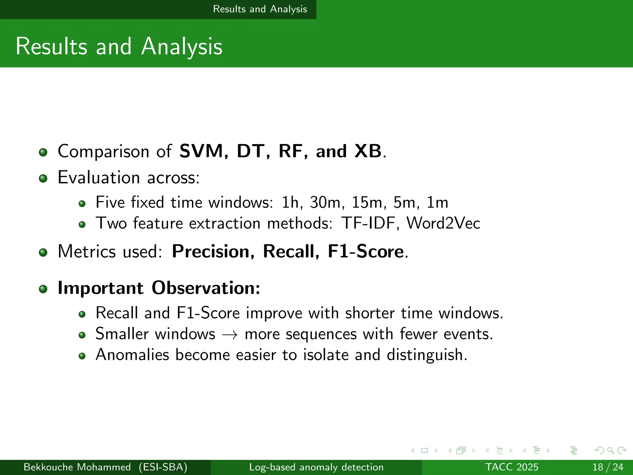 Results and Analysis
Results and Analysis
Comparison of SVM, DT, RF, and XB.
Evaluation across:
Five fixed time windows: 1h, 30m, 15m, 5m, 1m
Two feature extraction methods: TF-IDF, Word2Vec
Metrics used: Precision, Recall, F1-Score.
Important Observation:
Recall and F1-Score improve with shorter time windows.
Smaller windows → more sequences with fewer events.
Anomalies become easier to isolate and distinguish.
Bekkouche Mohammed (ESI-SBA) Log-based anomaly detection TACC 2025 18 / 24
 