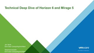 © 2014 VMware Inc. All rights reserved.
Technical Deep Dive of Horizon 6 and Mirage 5
Jim Yanik
End User ComputingArchitect
StephaneAsselin
End User ComputingArchitect
 