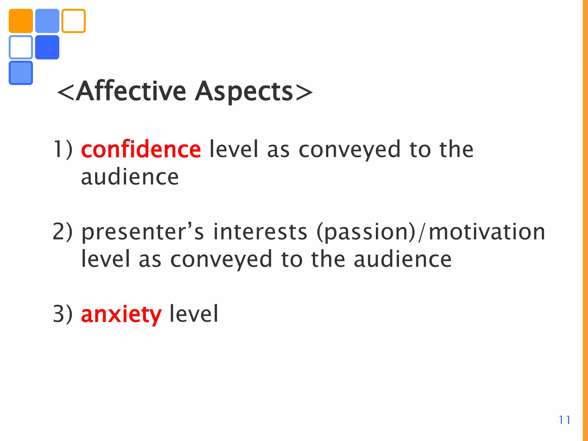 11
<Affective Aspects>
1) confidence level as conveyed to the
audience
2) presenter’s interests (passion)/motivation
level as conveyed to the audience
3) anxiety level
 