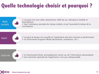 Quelle technologie choisir et pourquoi ?

                           ✓ Lorsque l’on veut cibler absolument 100% de ses utilisateurs (mobile et
 Web                       Smartphone)
mobile                     ✓ Que l’utilisateur possède du réseau mobile, et qu’il possède le temps de la
                           consultation




                           ✓ Lorsque le design est travaillé et l’application doit être réactive et performante
Natif                      ✓ Un fonctionnel exigeant (Mode déconnecté, animations, etc.)




Hybride                    ✓ Un fonctionnel limité, principalement centré sur de l’information descendante
                           ✓ Une réactivité optimale de l’application n’est pas indispensable




          Software development done right.                                                                        17
 
