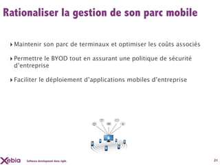 Rationaliser la gestion de son parc mobile

 ‣ Maintenir son parc de terminaux et optimiser les coûts associés
 ‣ Permettre le BYOD tout en assurant une politique de sécurité
  d’entreprise

 ‣ Faciliter le déploiement d’applications mobiles d’entreprise




      Software development done right.                               21
 