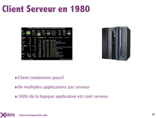 Client Serveur en 1980




   ‣ Client totalement passif
   ‣ De multiples applications par serveur
   ‣ 100% de la logique applicative est coté serveur


     Software development done right.                  26
 