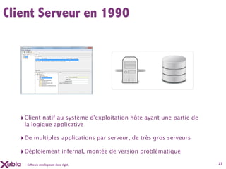 Client Serveur en 1990




  ‣ Client natif au système d'exploitation hôte ayant une partie de
   la logique applicative

  ‣ De multiples applications par serveur, de très gros serveurs
  ‣ Déploiement infernal, montée de version problématique
    Software development done right.                                  27
 